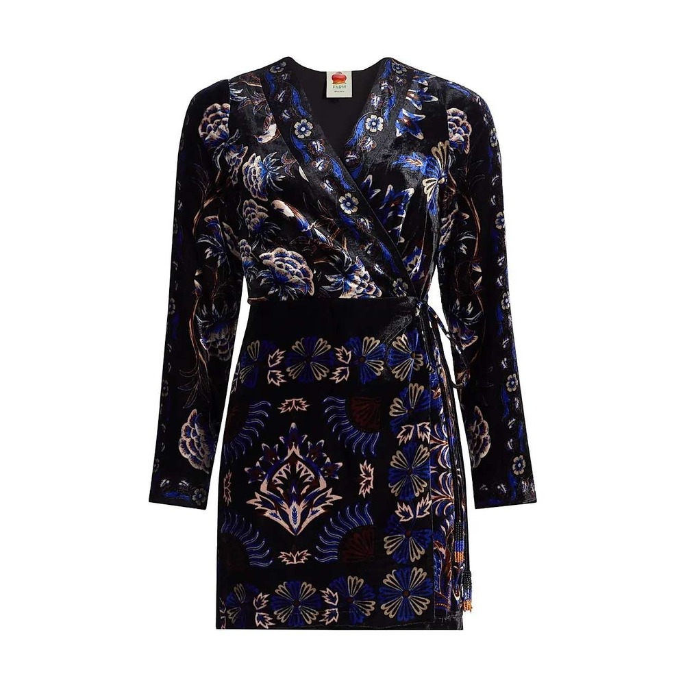 Farm Rio Arabesque Mix Scarves Velvet Wrap Mini‎ Dress Black Blue Small